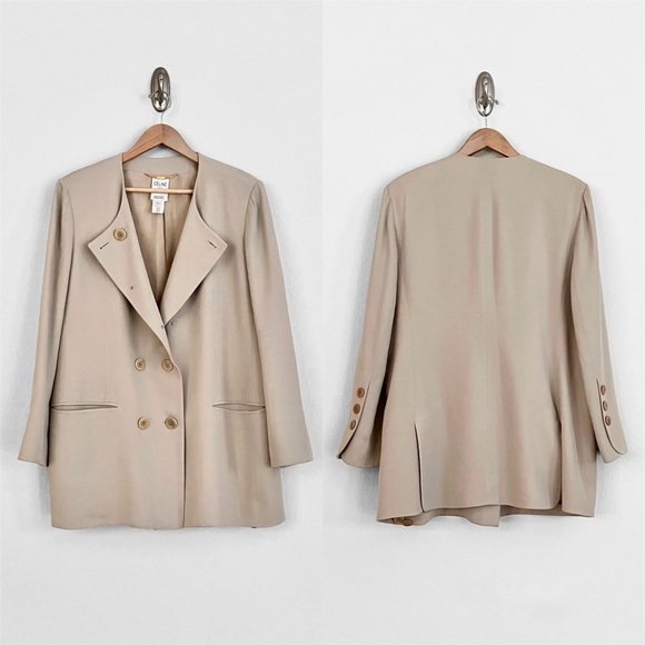 Vintage CELINE 100% Wool Double Breasted Blazer + Wide Leg Pants SET in Beige - Picture 2 of 15